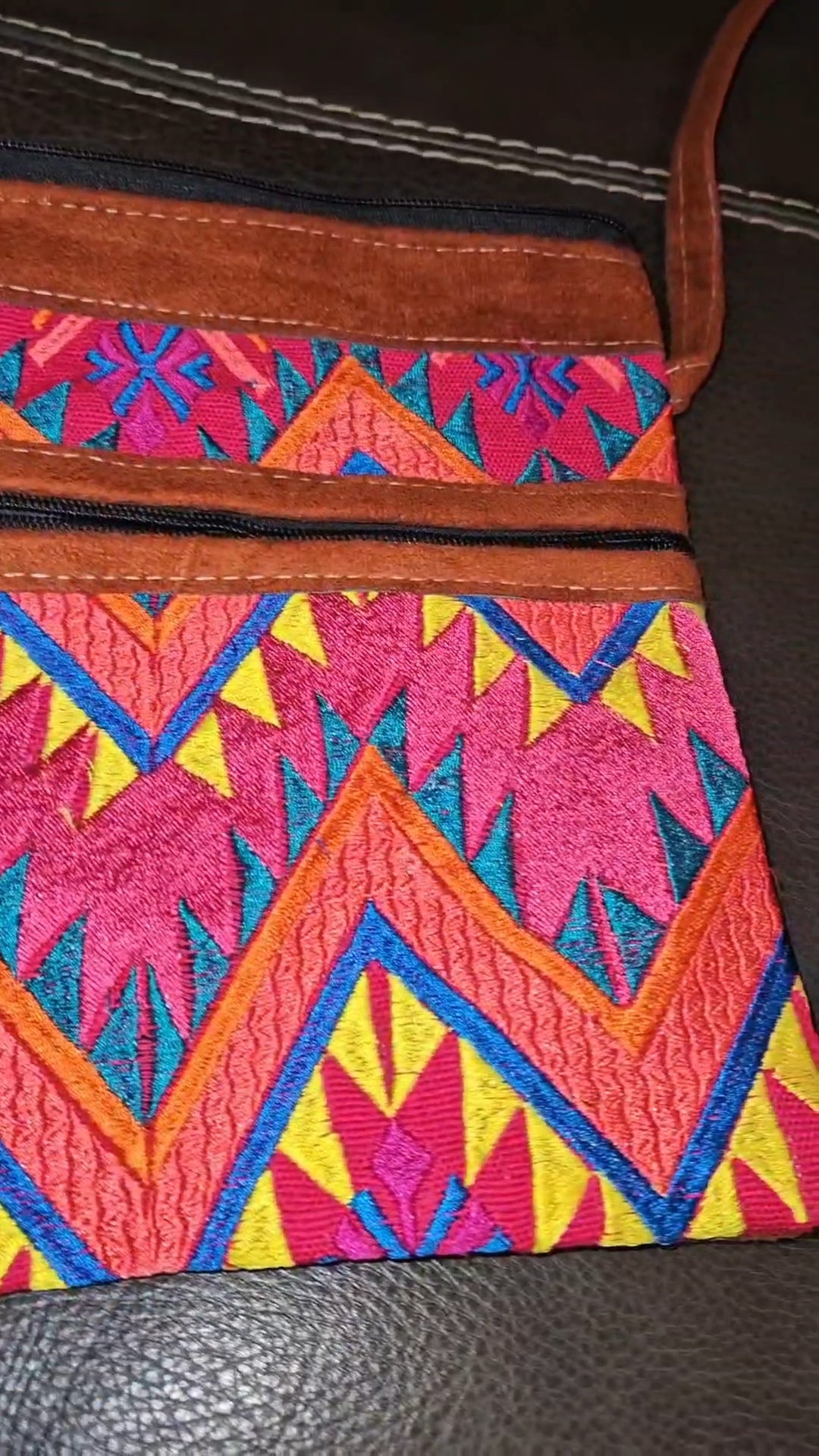 Embroidered Aztec Print Leather Crossbody Purse