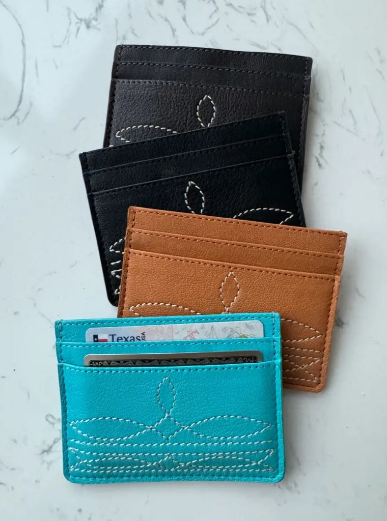 Western Boot Stitch Leather Credit Card Holder