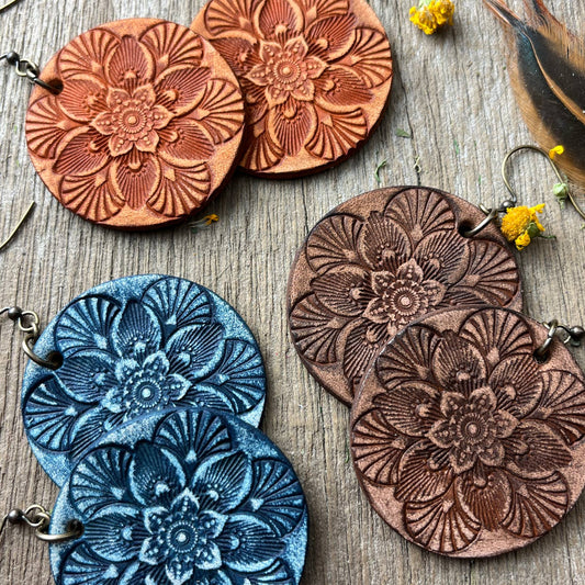 Hand Tooled Leather Mandala Earrings