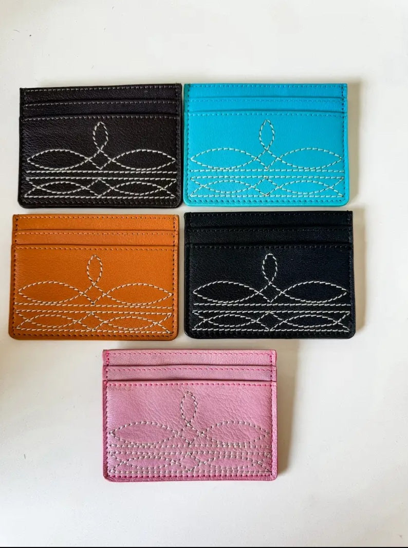 Western Boot Stitch Leather Credit Card Holder