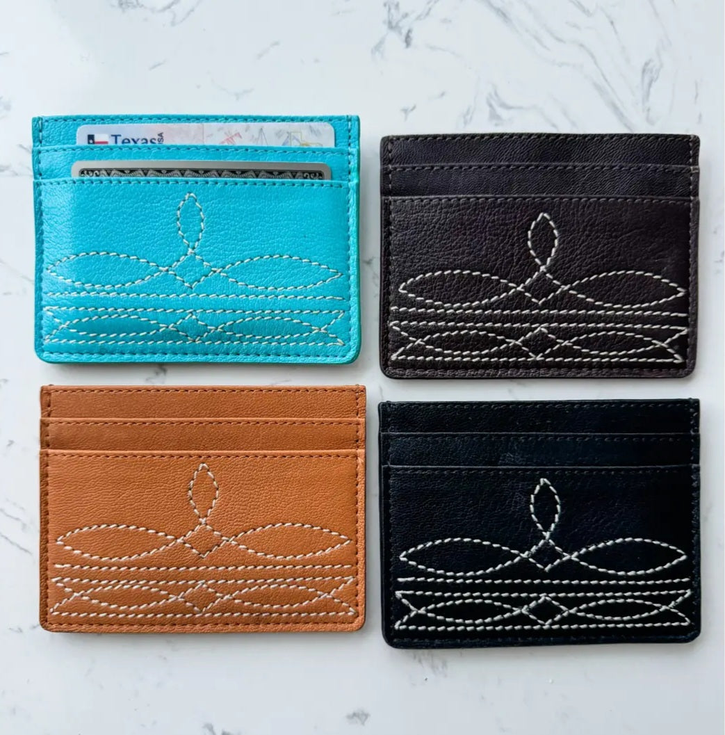 Western Boot Stitch Leather Credit Card Holder