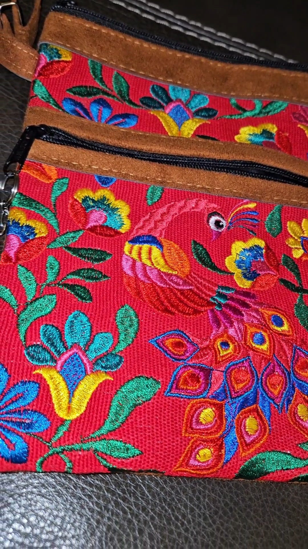 Embroidered Peacock Leather Crossbody Purse