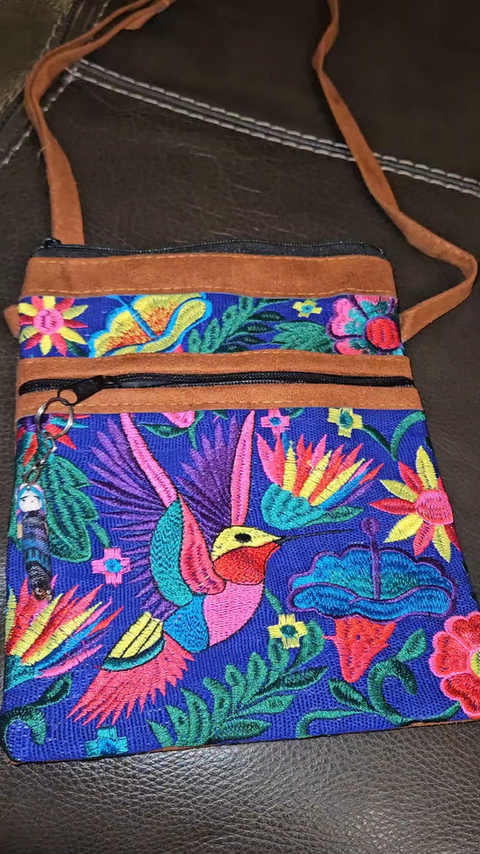 Embroidered Hummingbird Leather Crossbody Purse