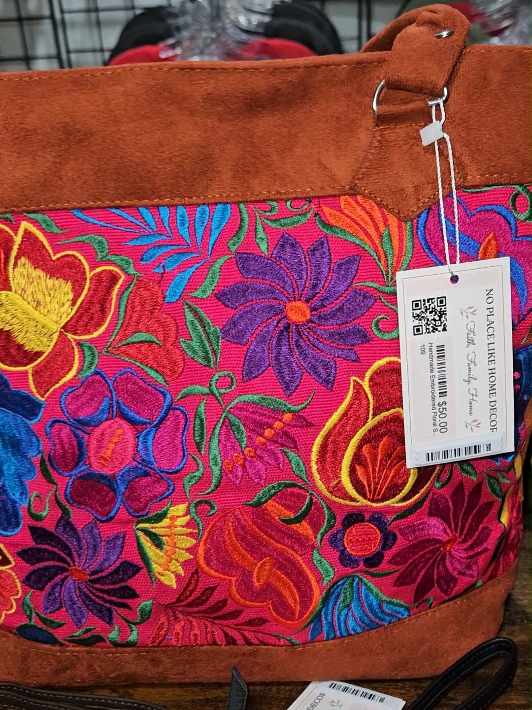 Embroidered Floral Pattern Vegan Suede Purse Tote Bag