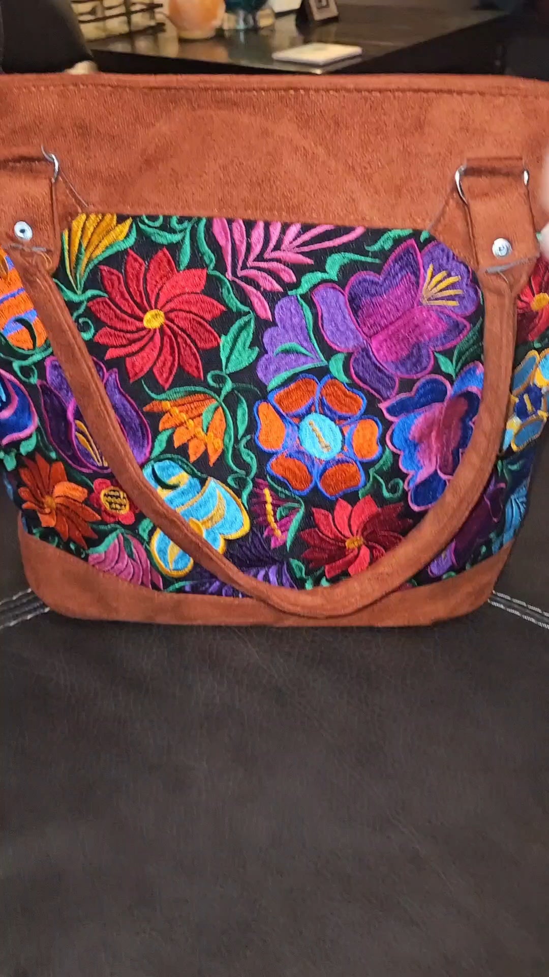Handmade Embroidered Floral Suede Tote