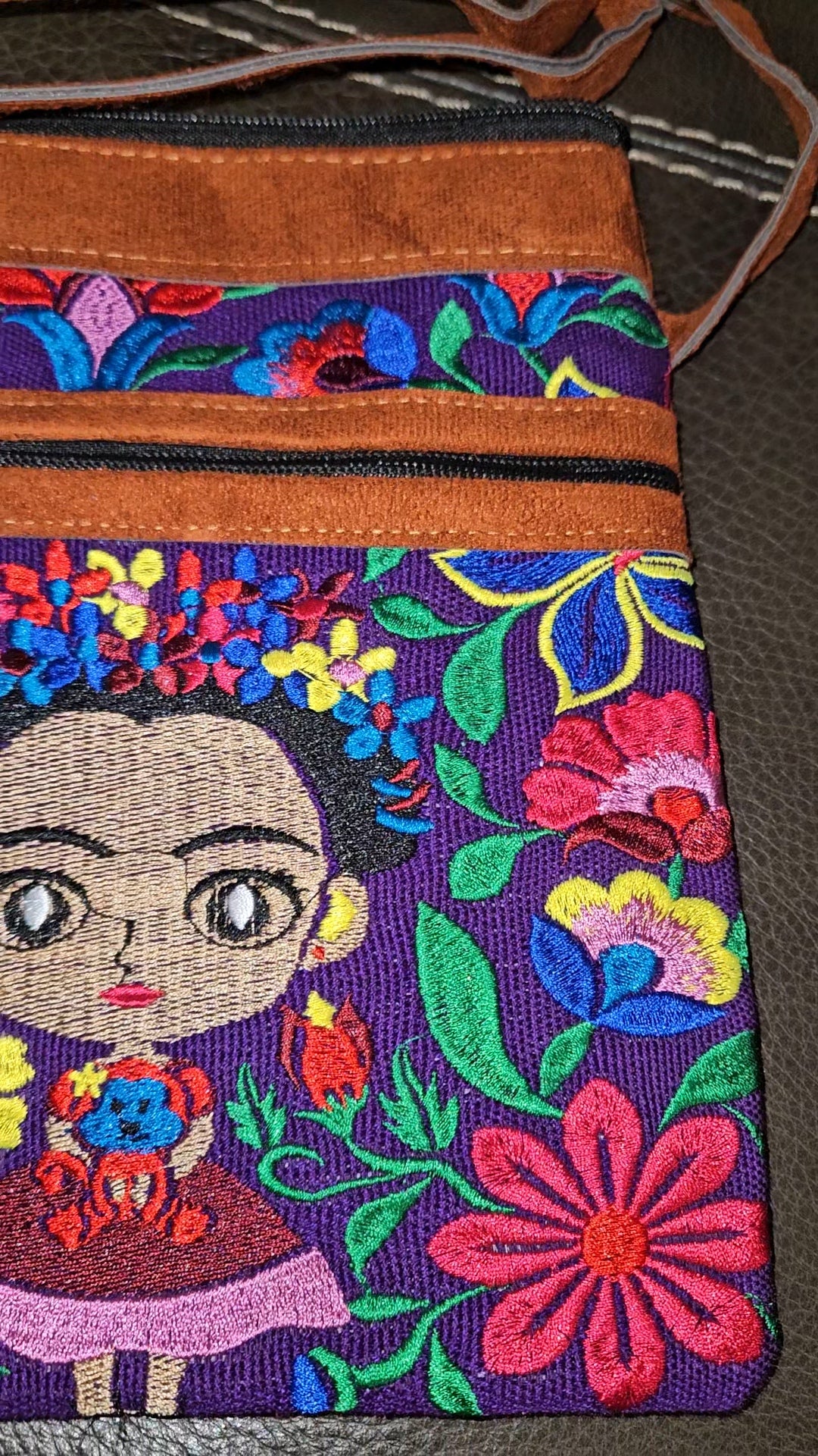 Embroidered Frida Inspired Leather Crossbody Purse