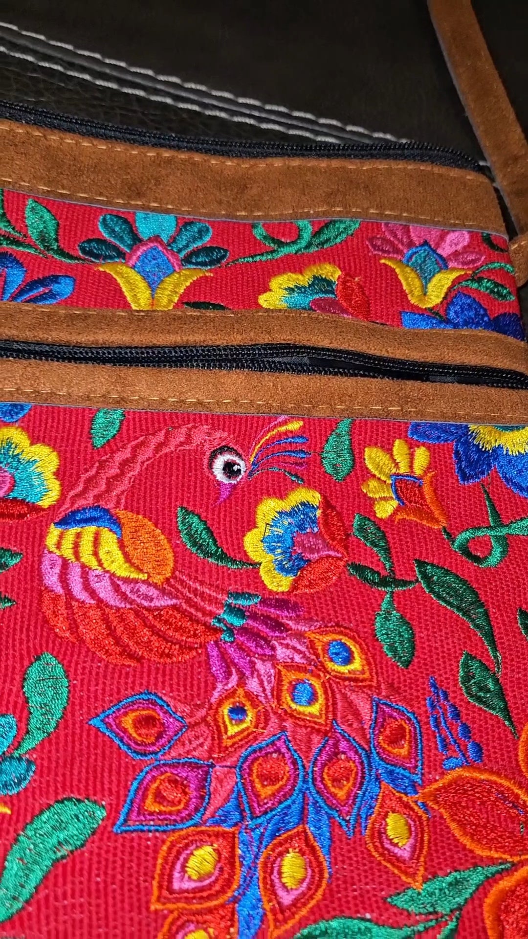 Embroidered Peacock Leather Crossbody Purse