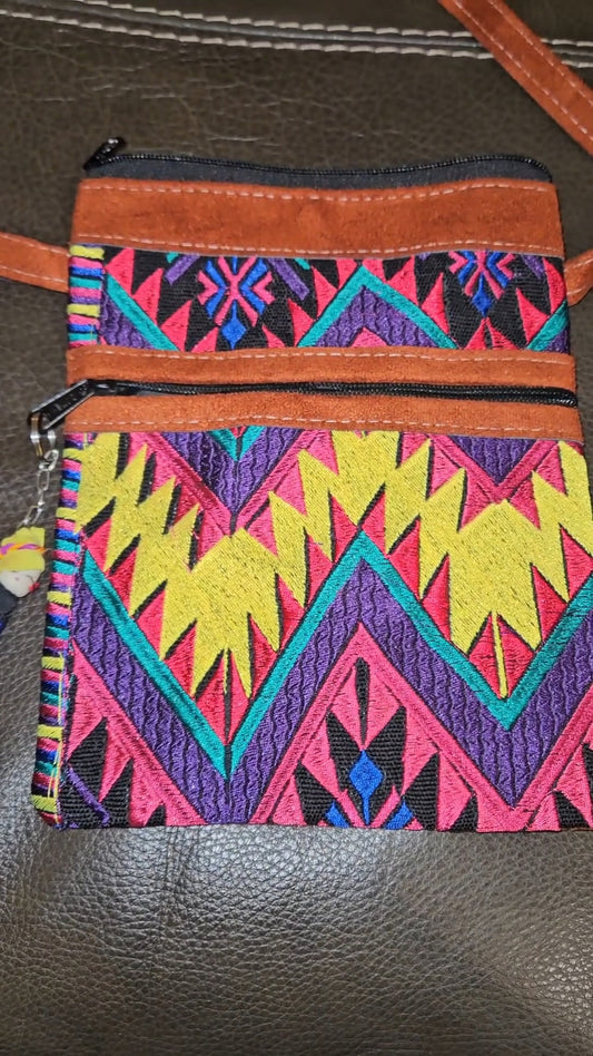 Embroidered Aztec Print Leather Crossbody Purse