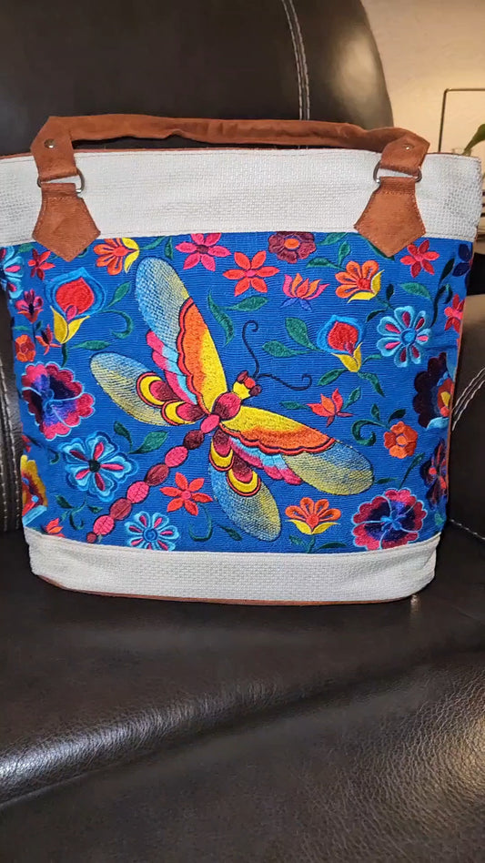Embroidered Dragonfly Tote Purse
