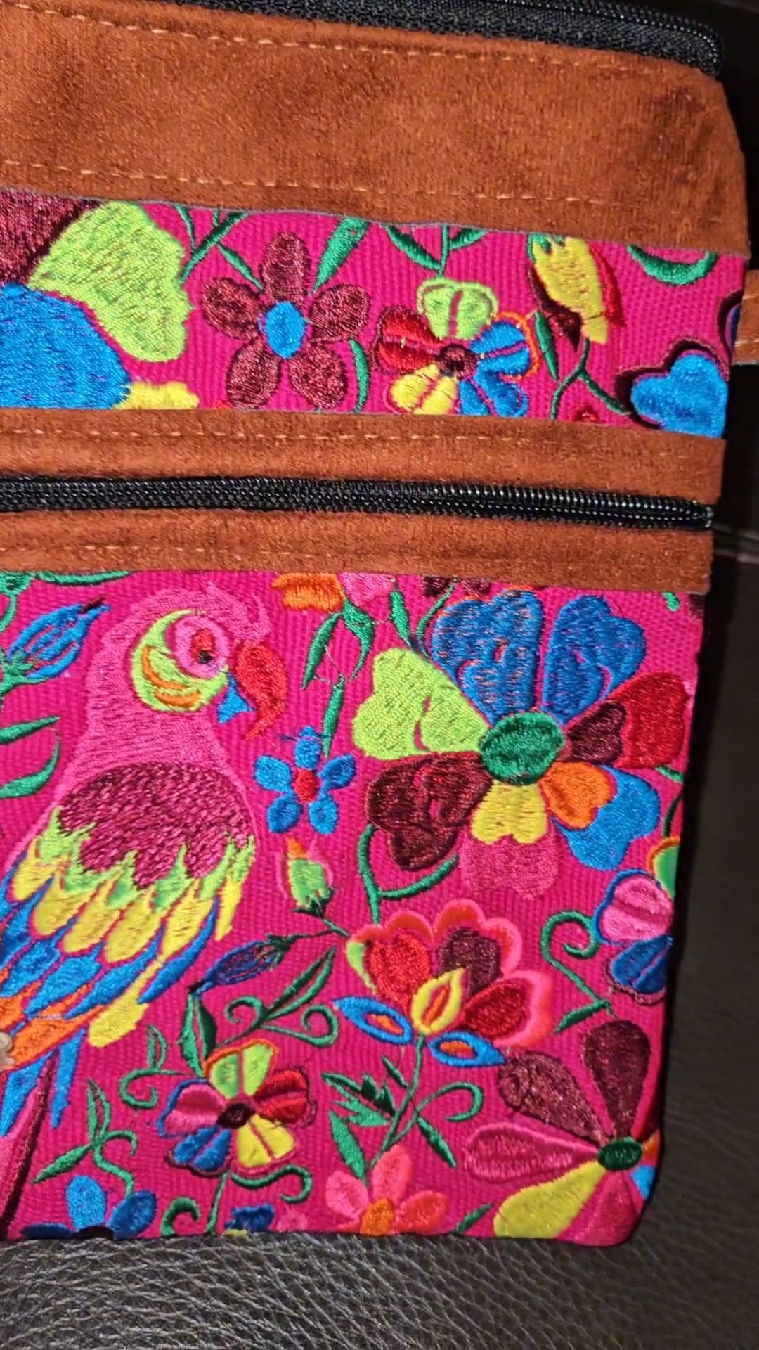 Embroidered Parrot Leather Crossbody Purse