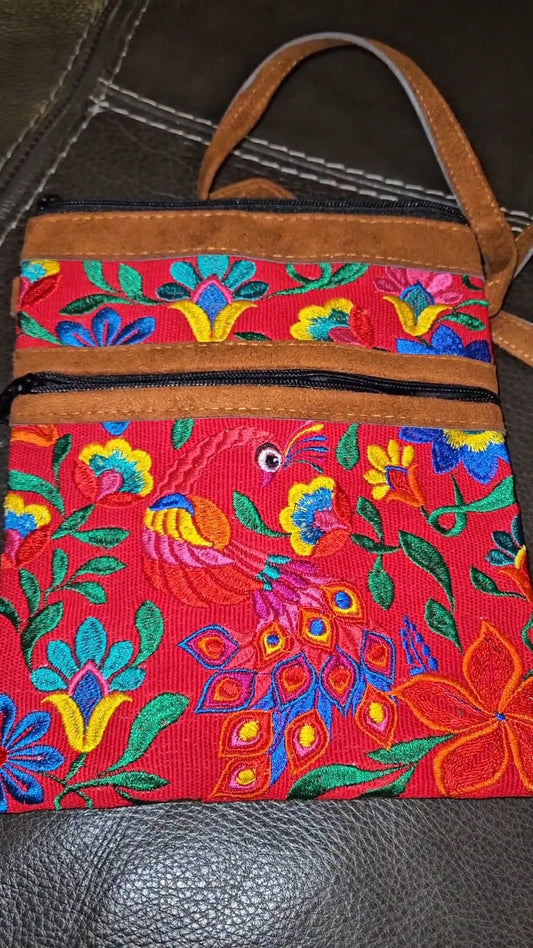Embroidered Peacock Leather Crossbody Purse