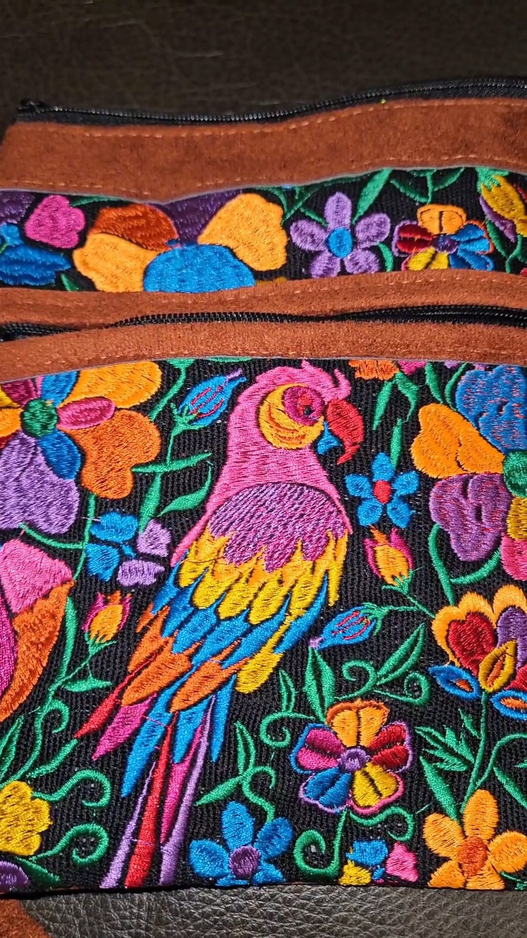 Embroidered Parrot Leather Crossbody Purse