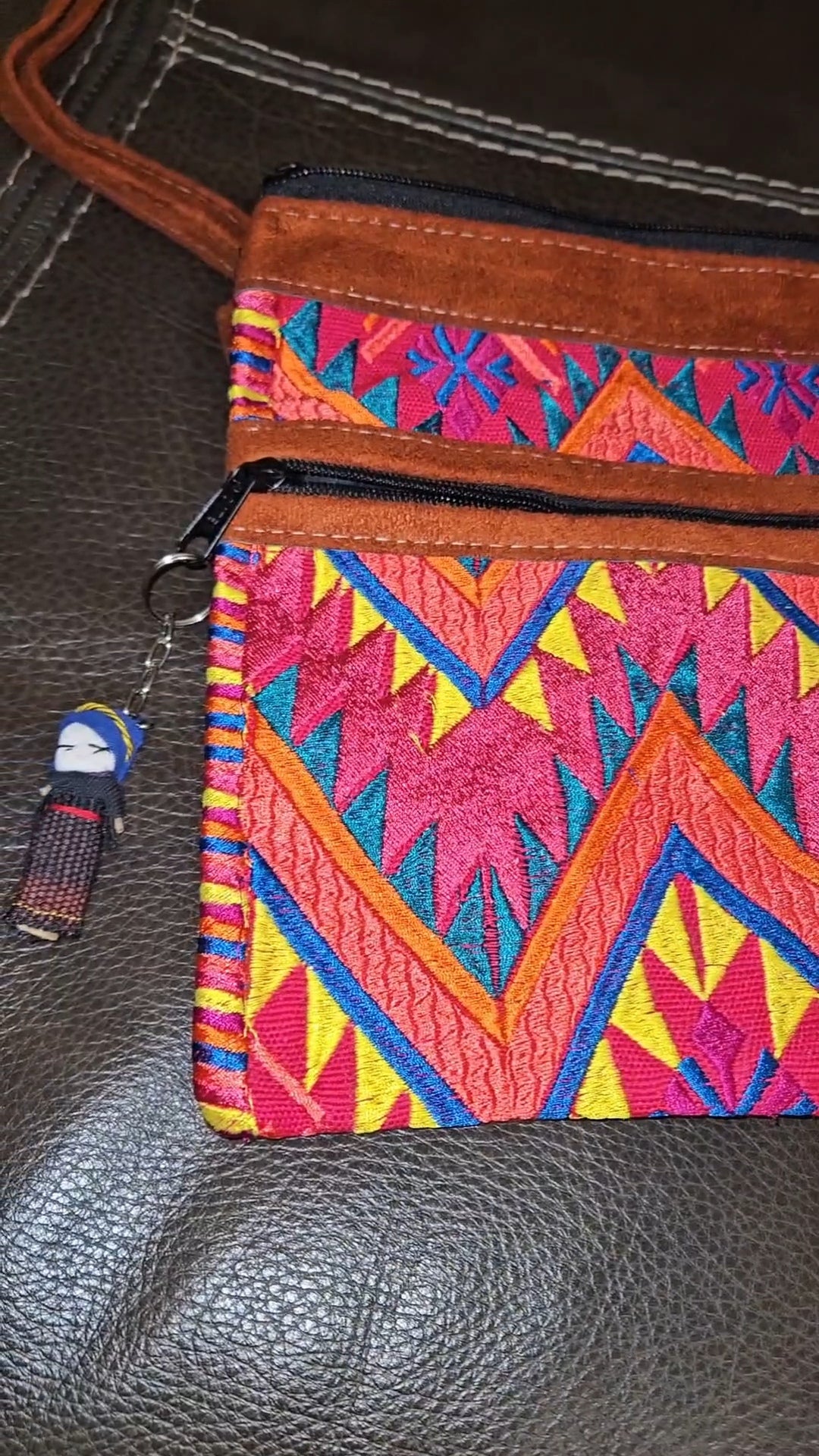 Embroidered Aztec Print Leather Crossbody Purse
