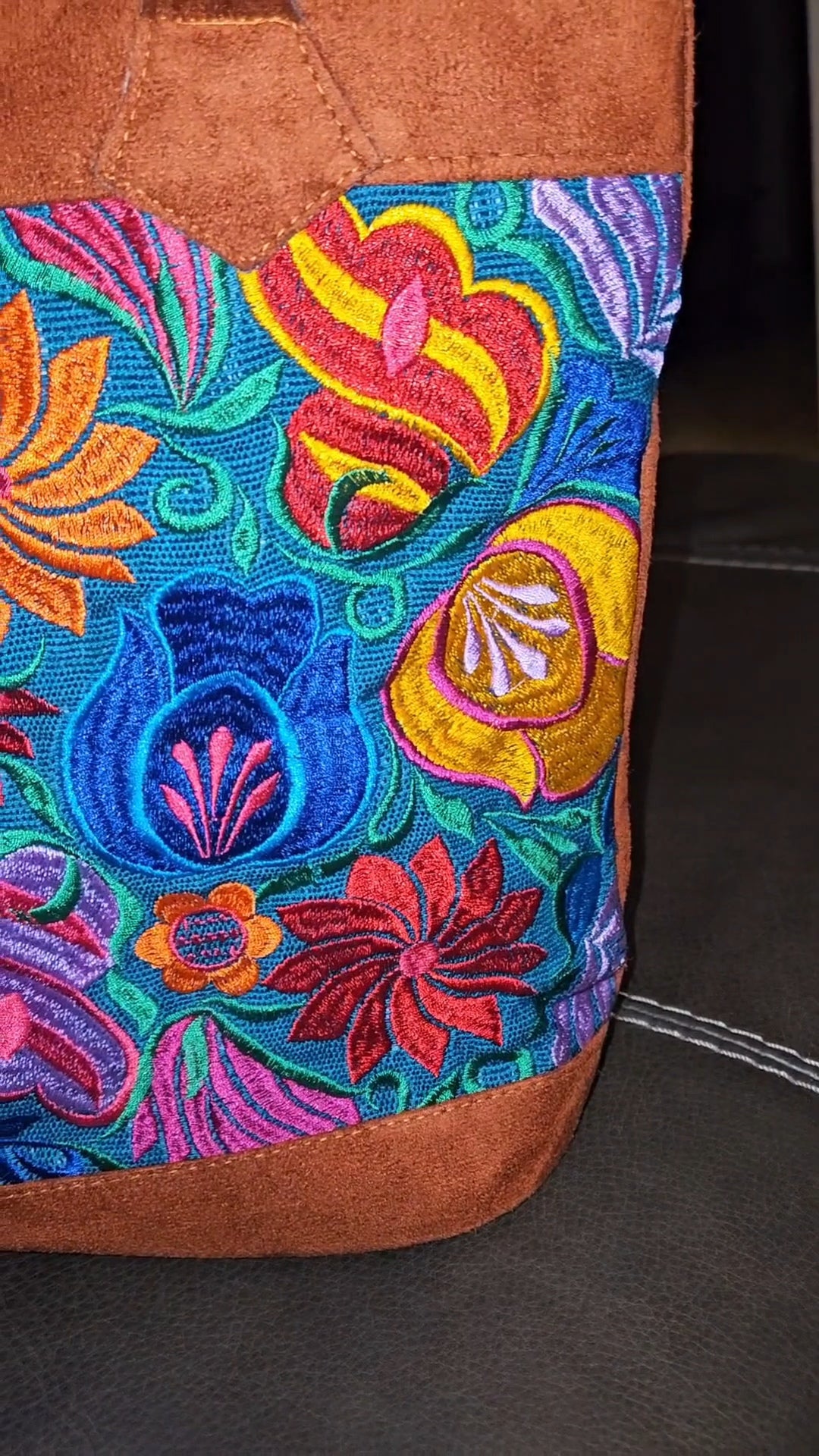 Handmade Embroidered Floral Suede Tote