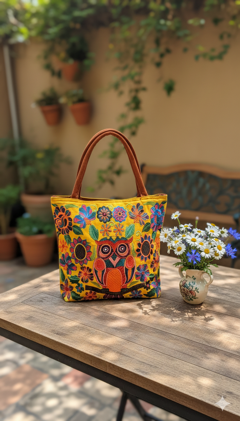 Embroidered Owl Suede Purse Tote Bag