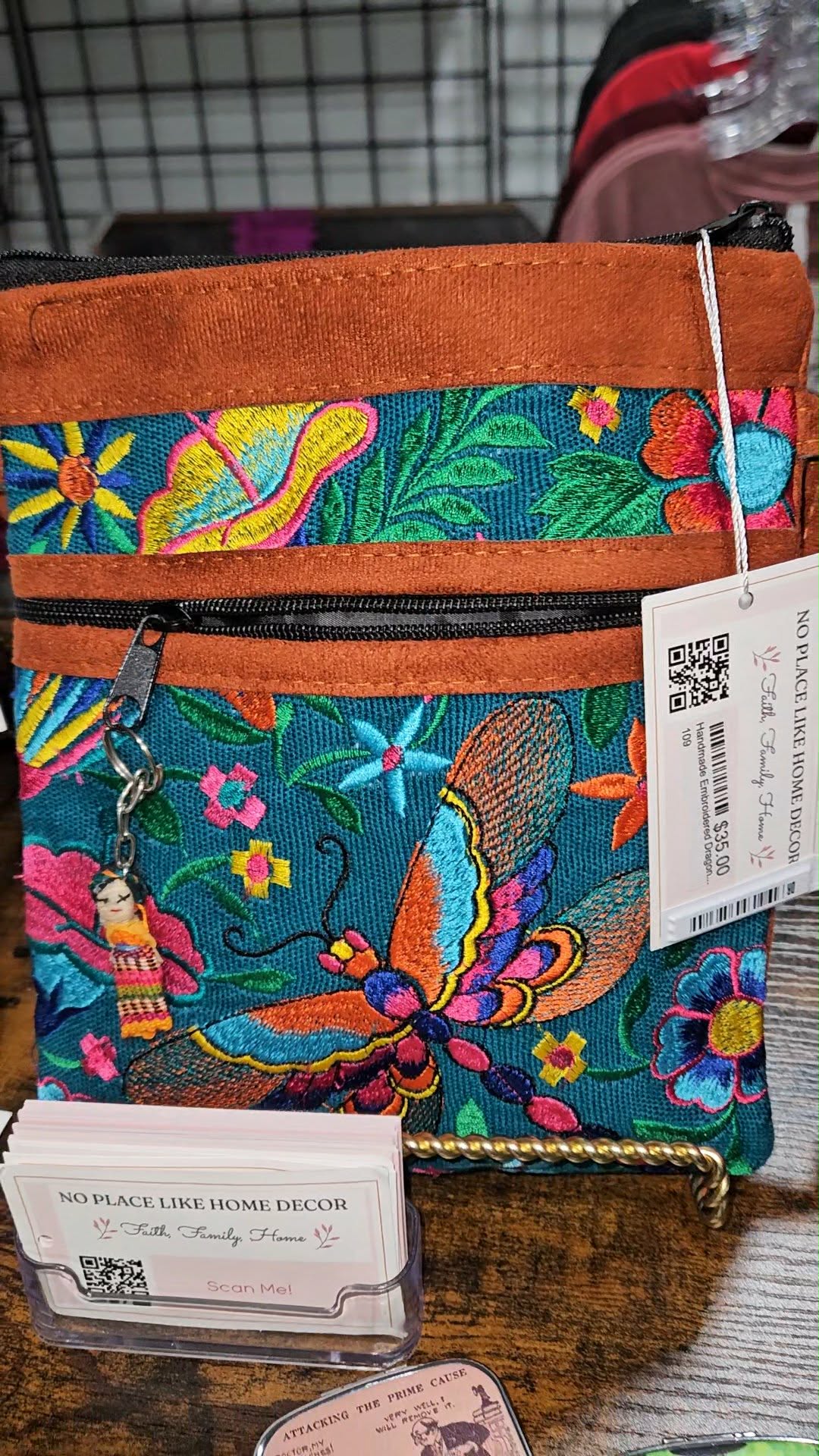 Embroidered Dragonfly Leather Crossbody Purse