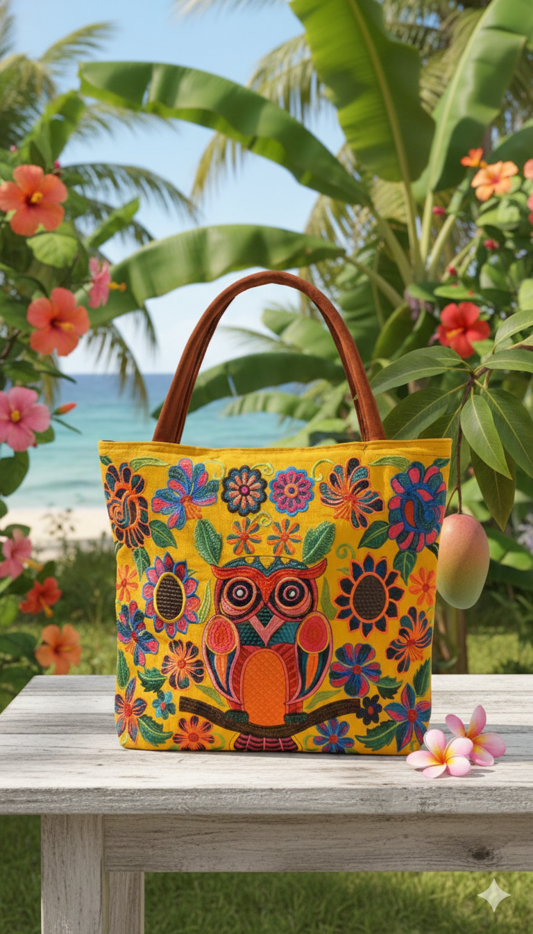 Embroidered Owl Suede Purse Tote Bag