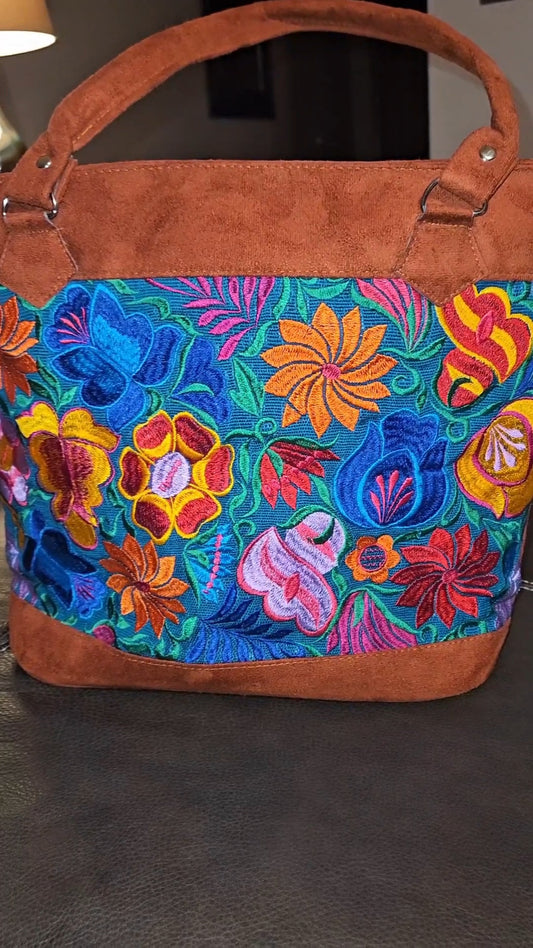 Handmade Embroidered Floral Suede Tote