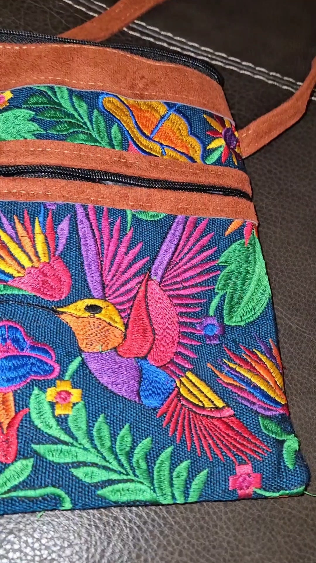 Embroidered Hummingbird Leather Crossbody Purse