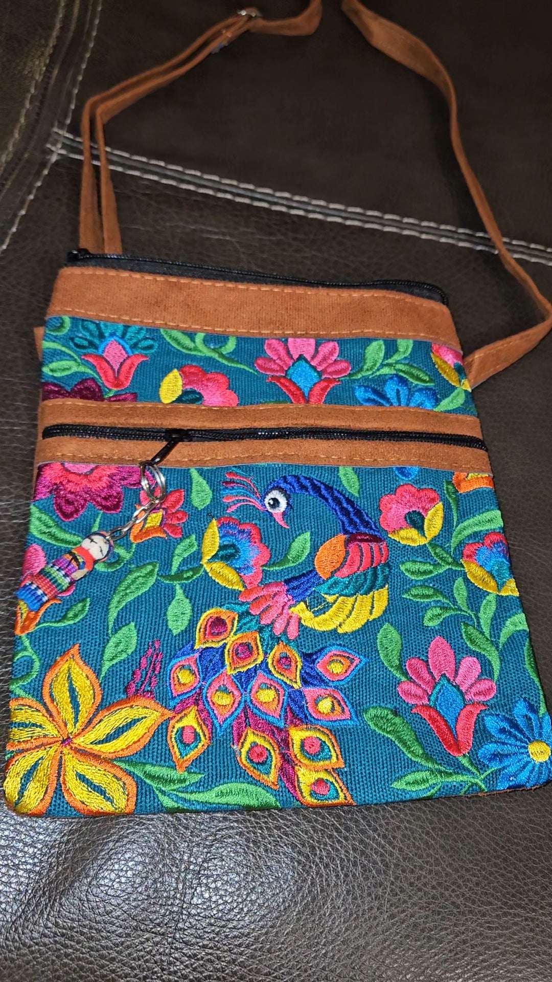Embroidered Peacock Leather Crossbody Purse