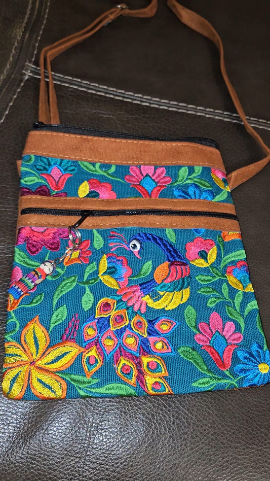 Embroidered Peacock Leather Crossbody Purse