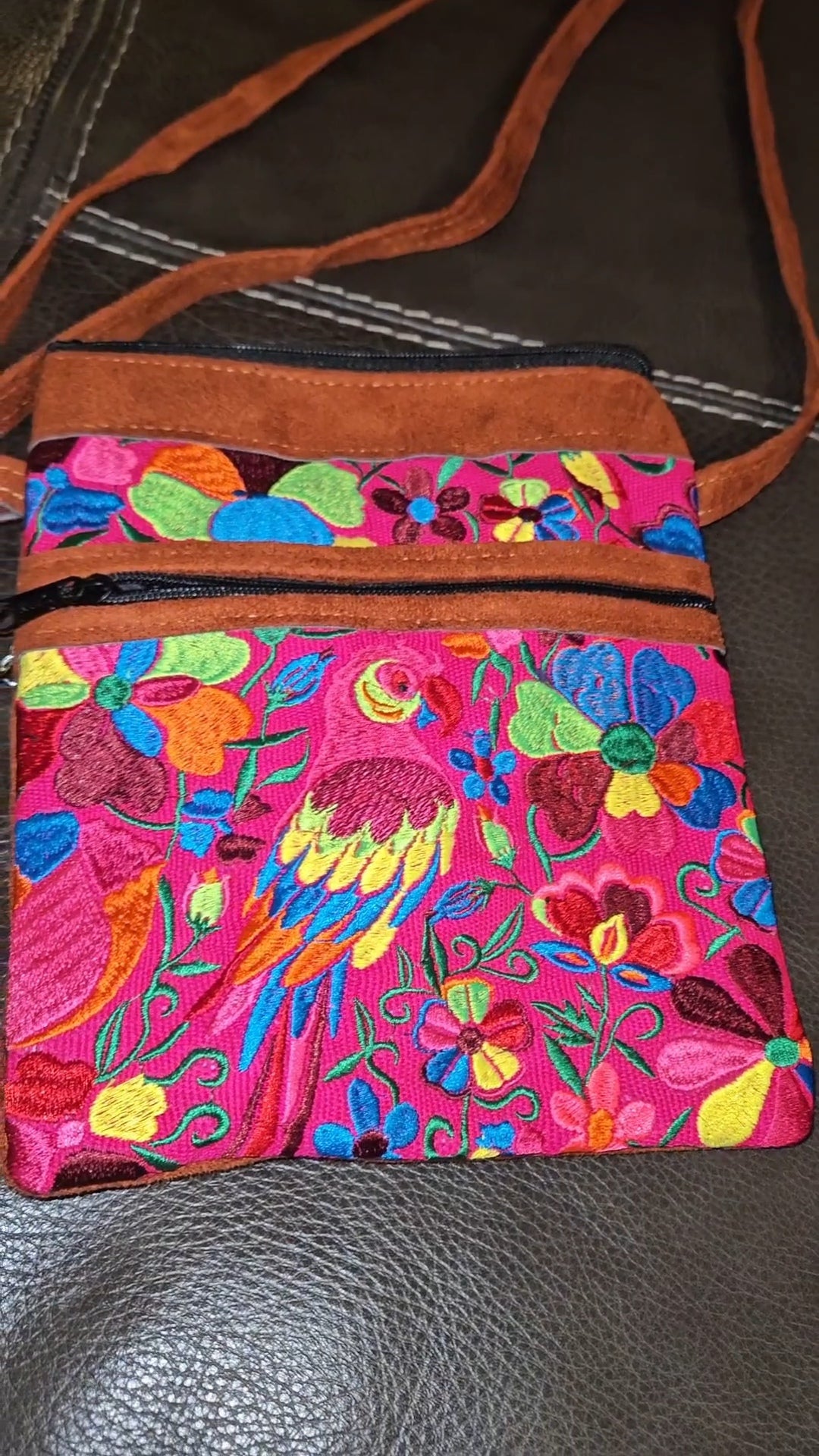 Embroidered Parrot Leather Crossbody Purse