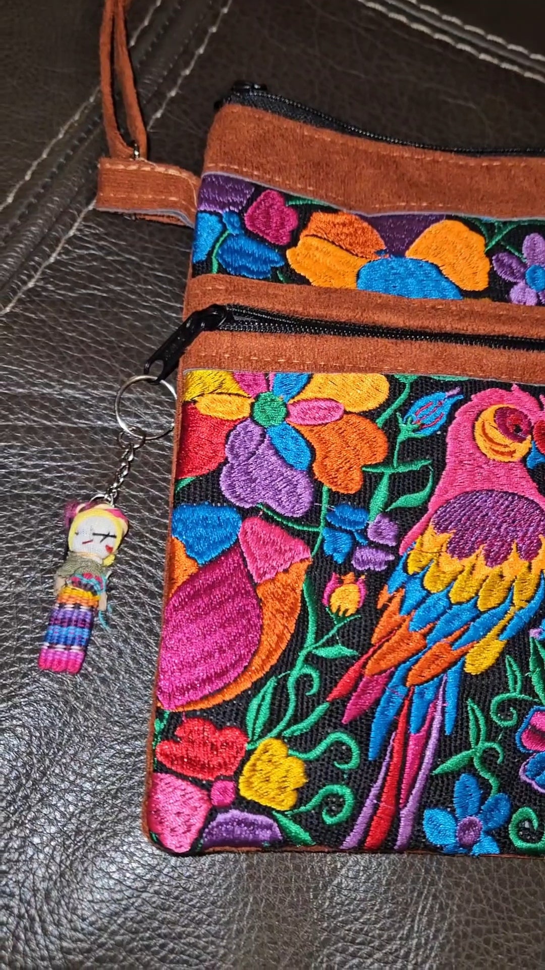 Embroidered Parrot Leather Crossbody Purse