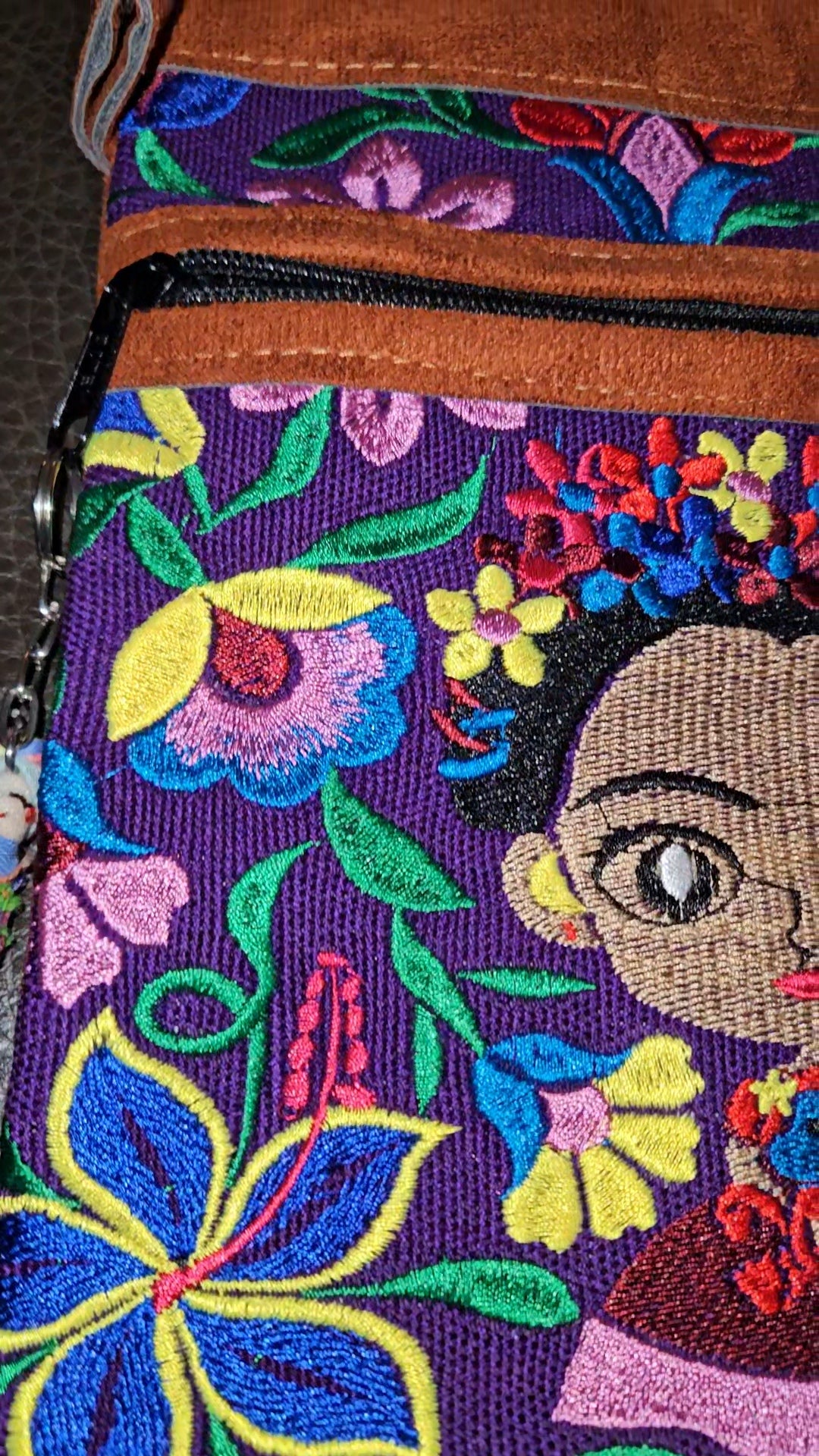 Embroidered Frida Inspired Leather Crossbody Purse