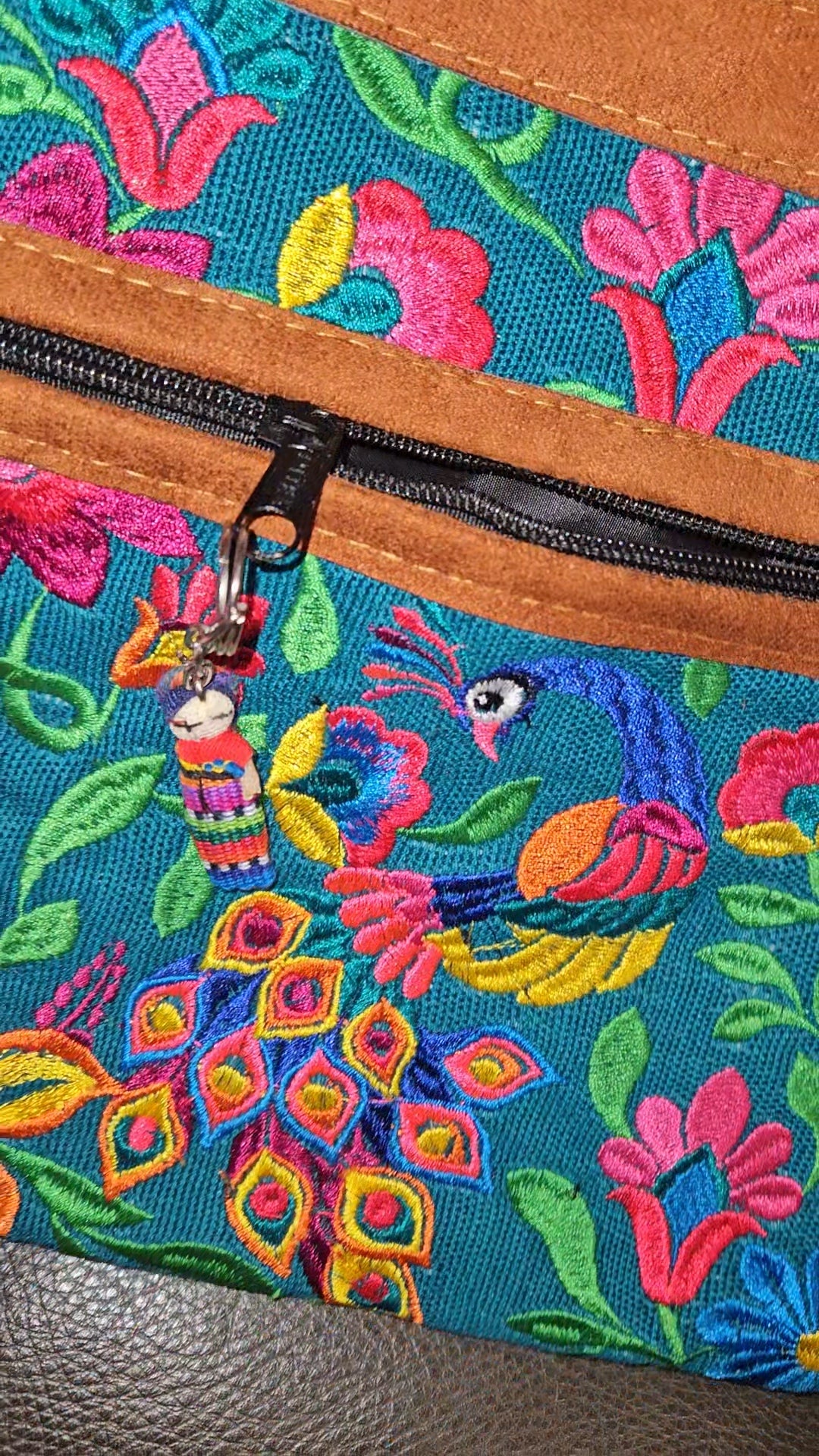 Embroidered Peacock Leather Crossbody Purse