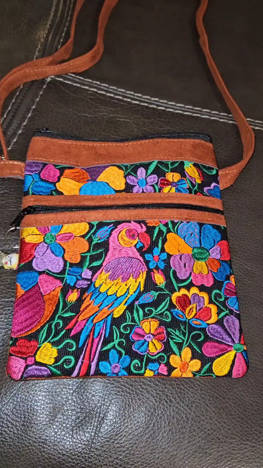 Embroidered Parrot Leather Crossbody Purse