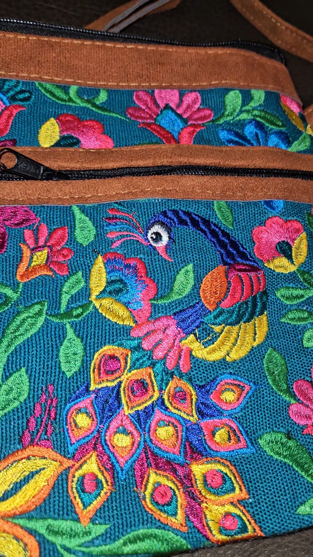 Embroidered Peacock Leather Crossbody Purse
