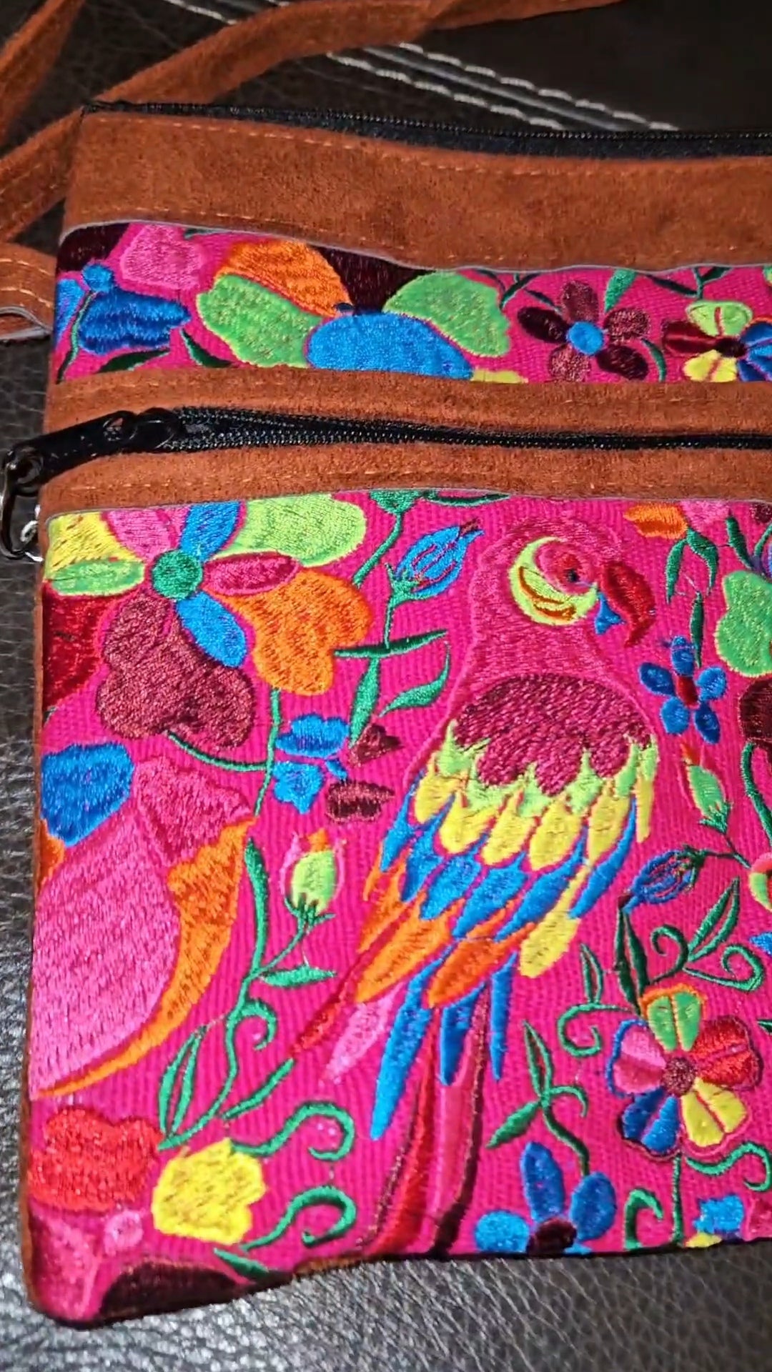 Embroidered Parrot Leather Crossbody Purse