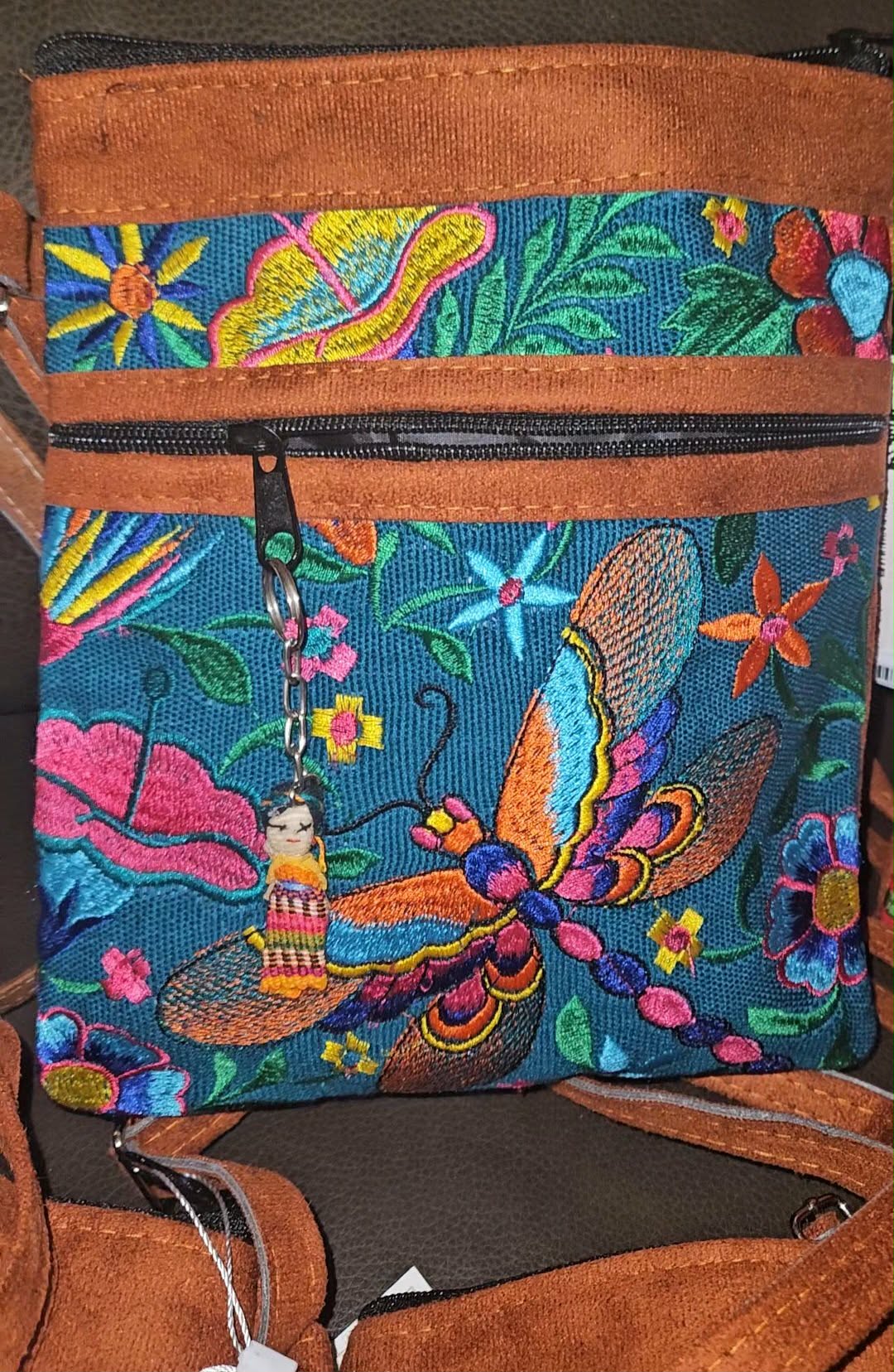 Embroidered Dragonfly Leather Crossbody Purse