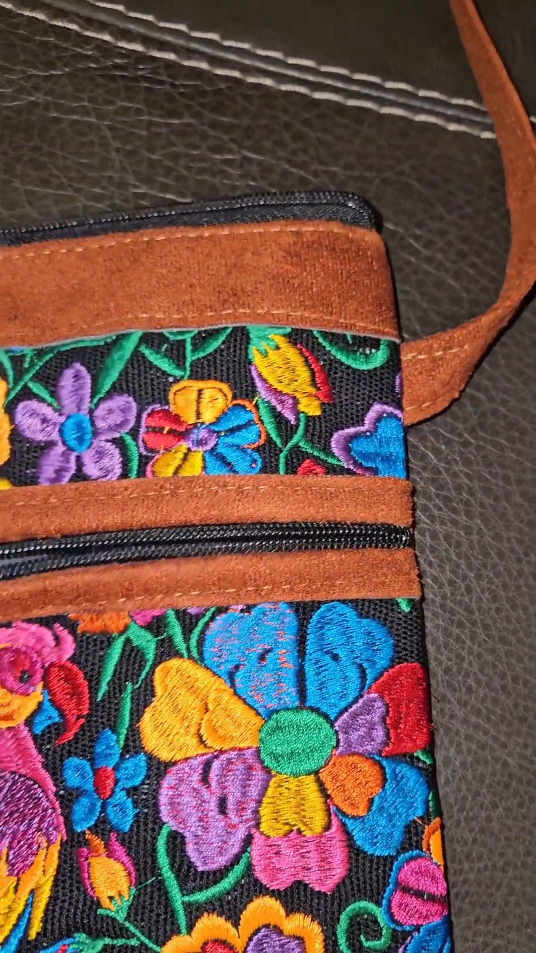 Embroidered Parrot Leather Crossbody Purse