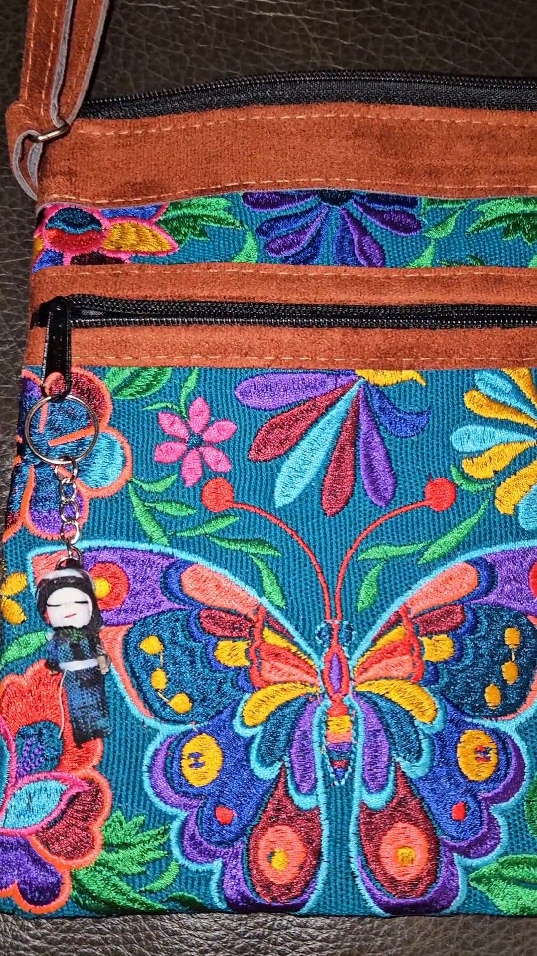 Embroidered Butterfly Leather Crossbody Purse