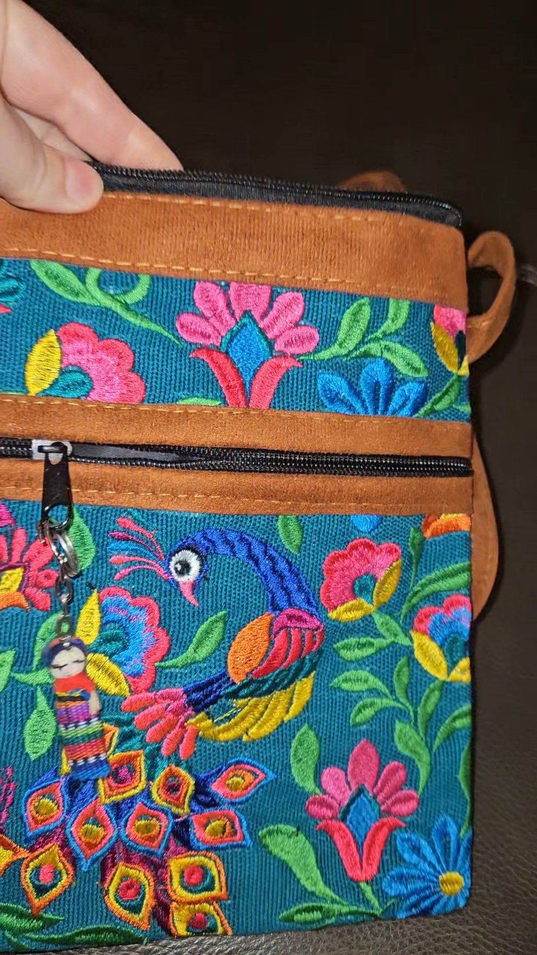 Embroidered Peacock Leather Crossbody Purse