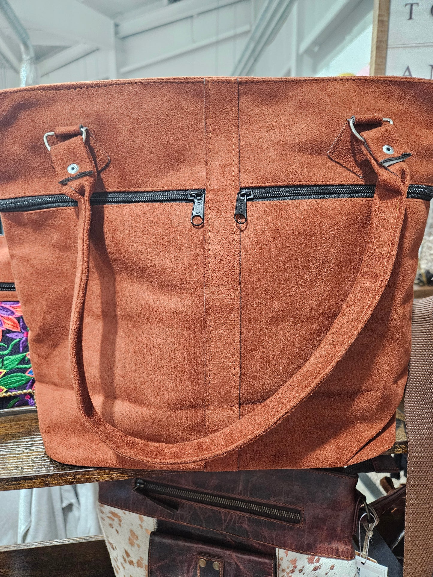 Embroidered Floral Pattern Vegan Suede Purse Tote Bag