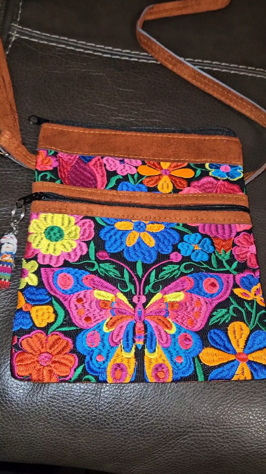 Embroidered Butterfly Leather Crossbody Purse