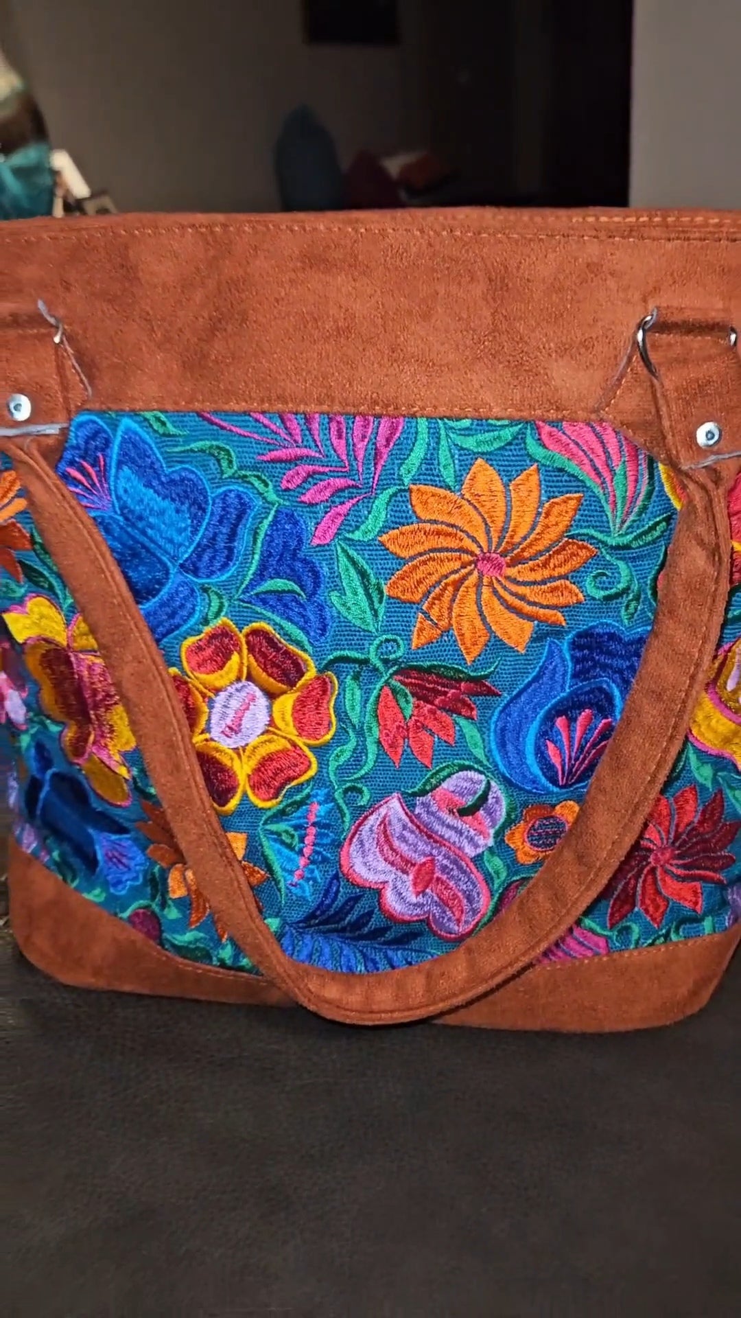 Handmade Embroidered Floral Suede Tote