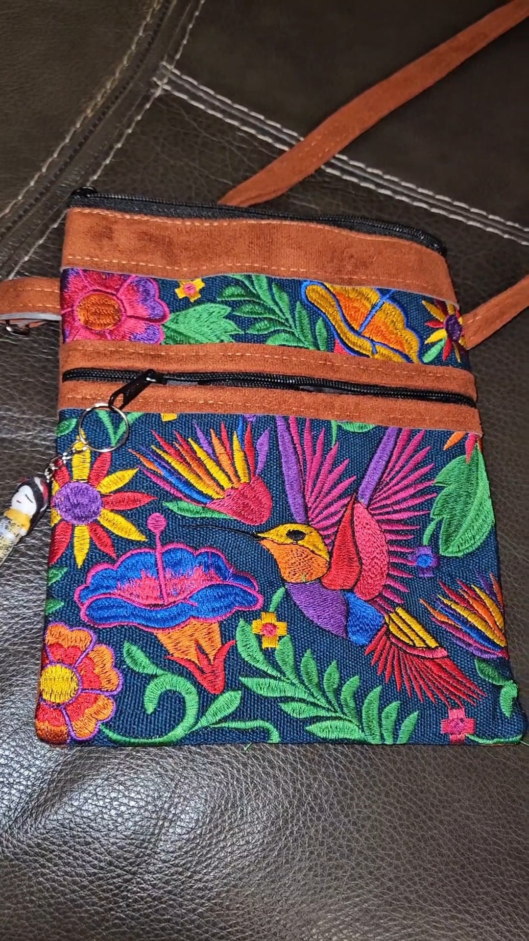 Embroidered Hummingbird Leather Crossbody Purse