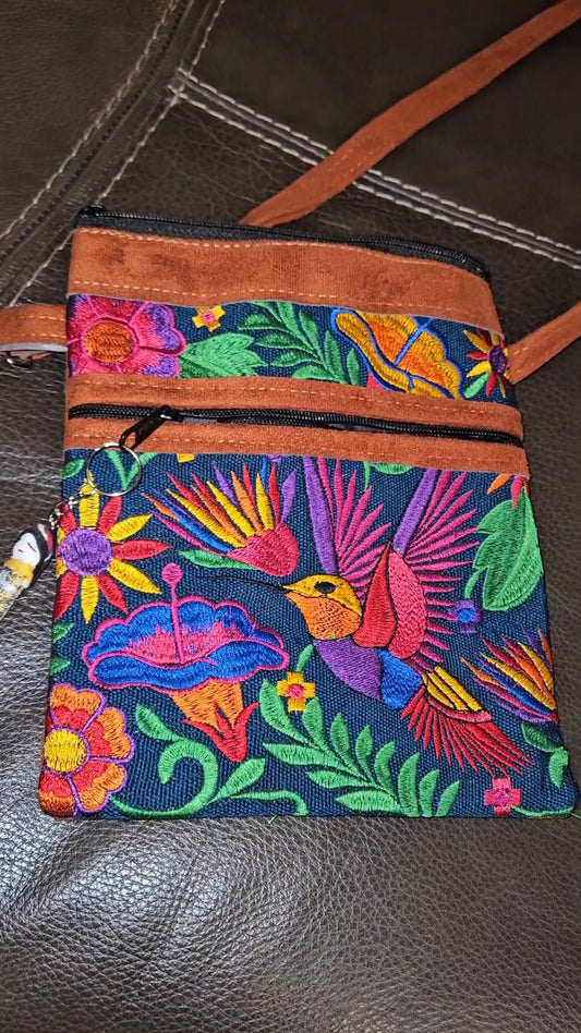 Embroidered Hummingbird Leather Crossbody Purse