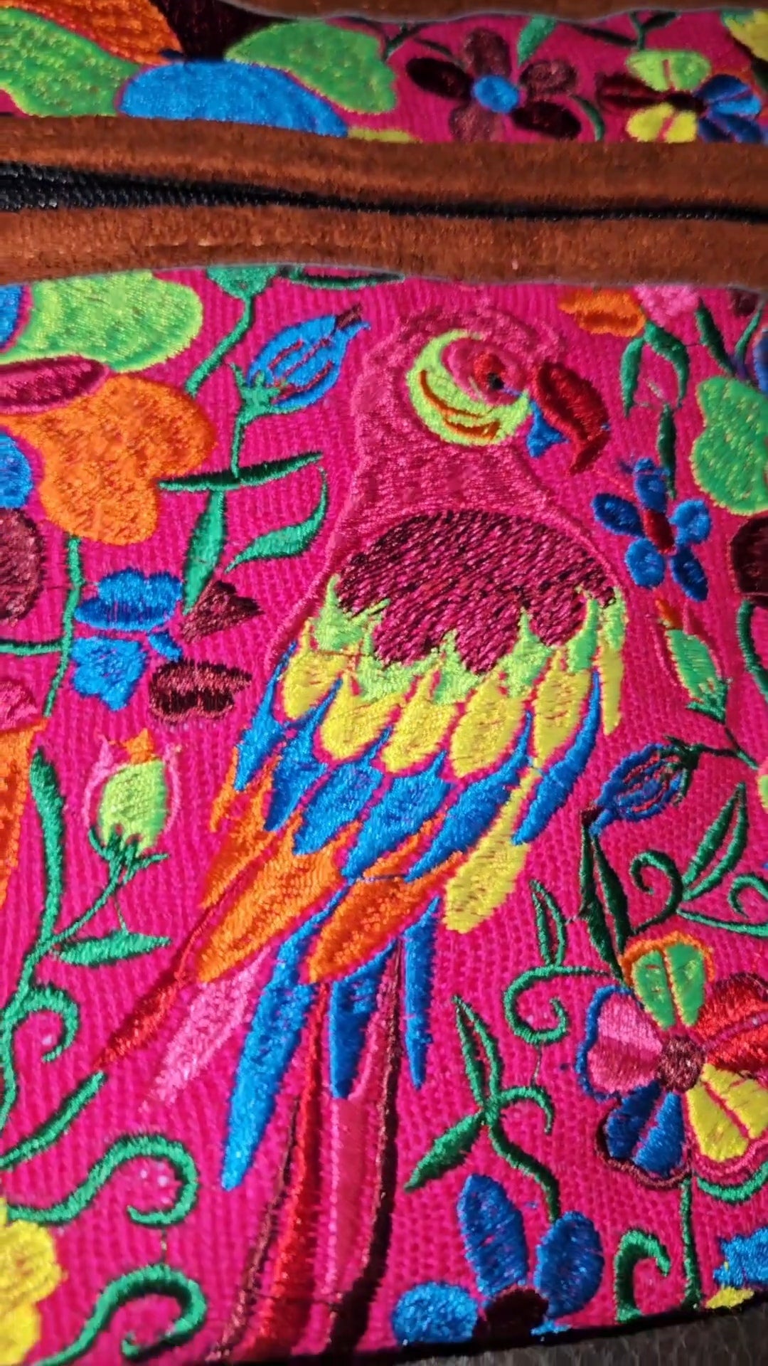 Embroidered Parrot Leather Crossbody Purse
