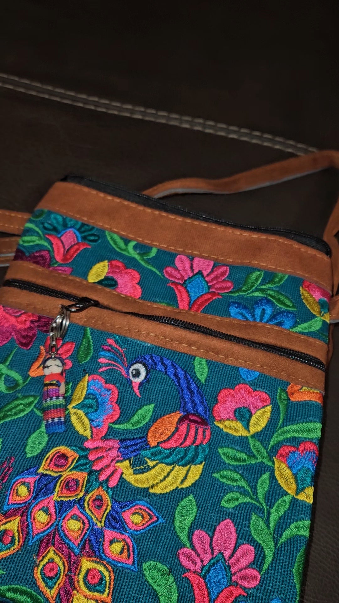 Embroidered Peacock Leather Crossbody Purse